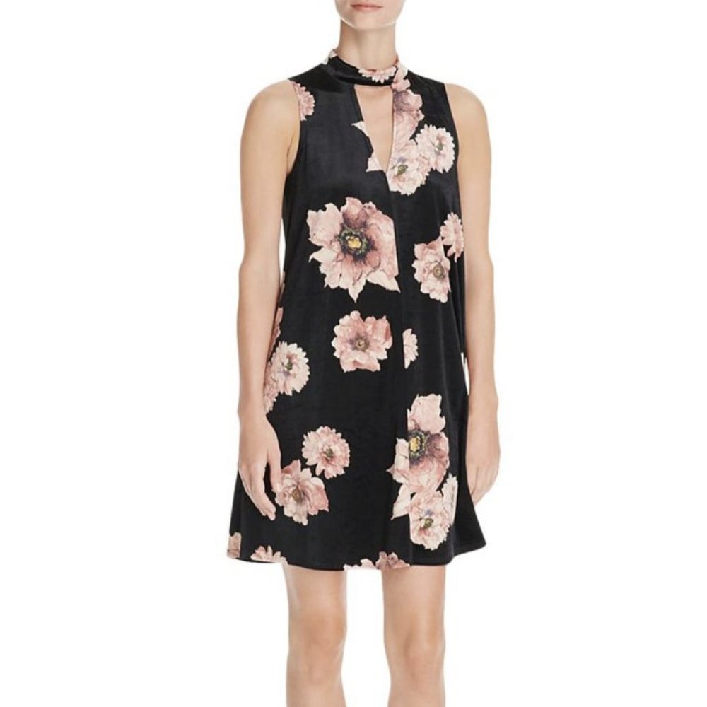 Aqua Brand Black Floral Velvet Feel Dress Keyhole Collar Neck Size X-Small NEW